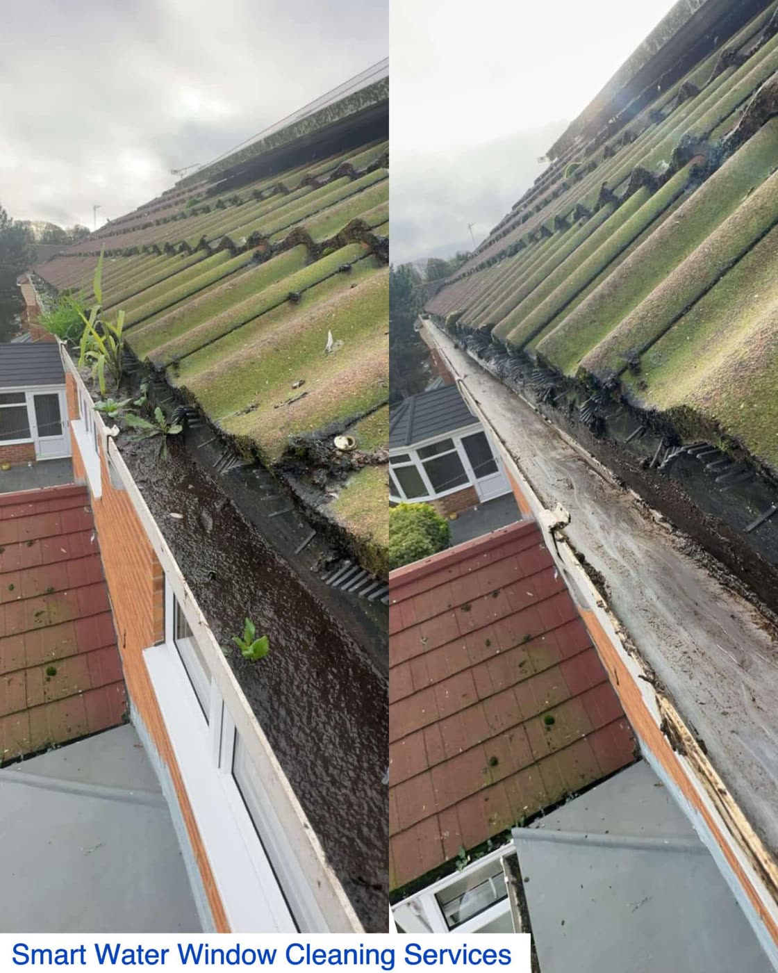 Blocked gutter before and after clearing